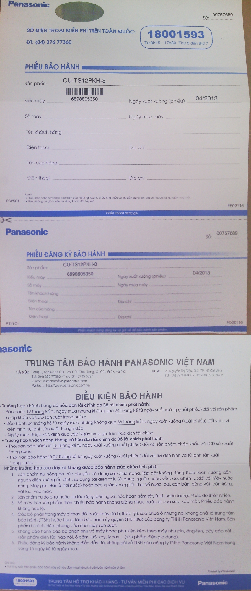 Phiếu bảo hành máy lạnh Panasonic